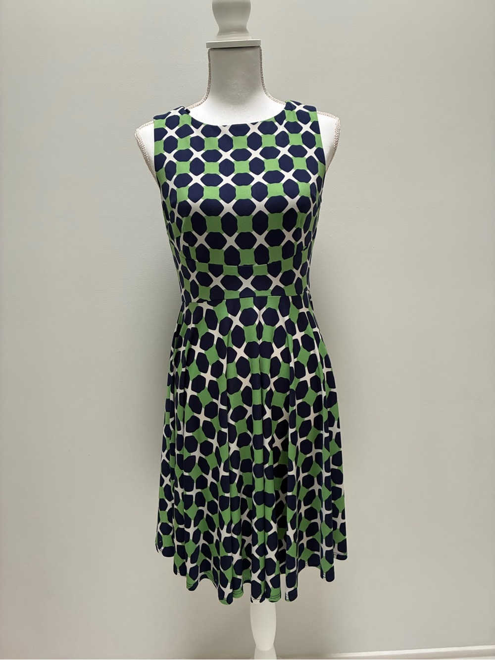 Donna Morgan Navy and Green Geometric Fit-and-Flare Midi Dress